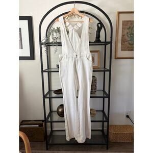 Honey Belle White Denim Overalls Womens Medium Wide Leg Deep V Jumpsuit